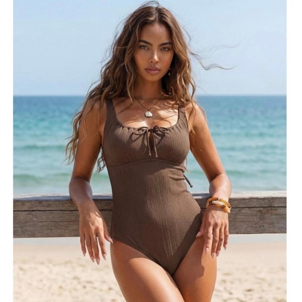 Aleumdr Women Brown Textured Tummy Control One Piece Swimsuit Size L NWOT
